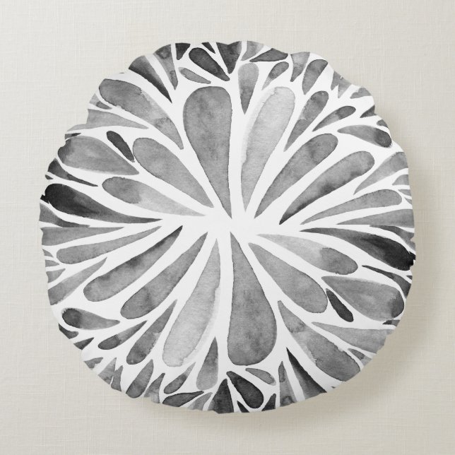 Abstrakter Blütenbrand in Schwarzweiß Rundes Kissen (Vorderseite)