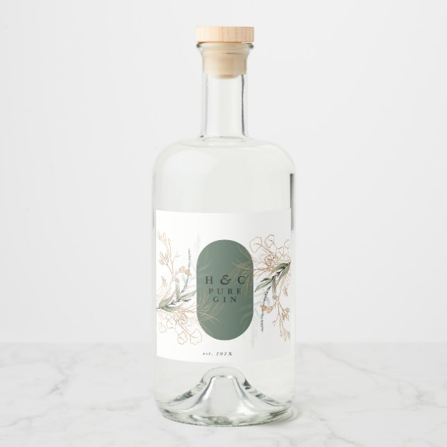 Abstrakter botanischer Eukalyptus Modernes Monogra Alkoholflaschenetikett (Vorderseite)