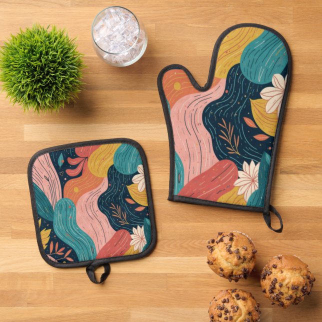 Abstrakter botanischer Fluss Ofenhandschuh & Topflappen-Set (Oben Unten)