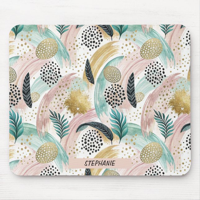 Abstrakter botanischer Pinselstrich und Gold Mousepad (Vorne)