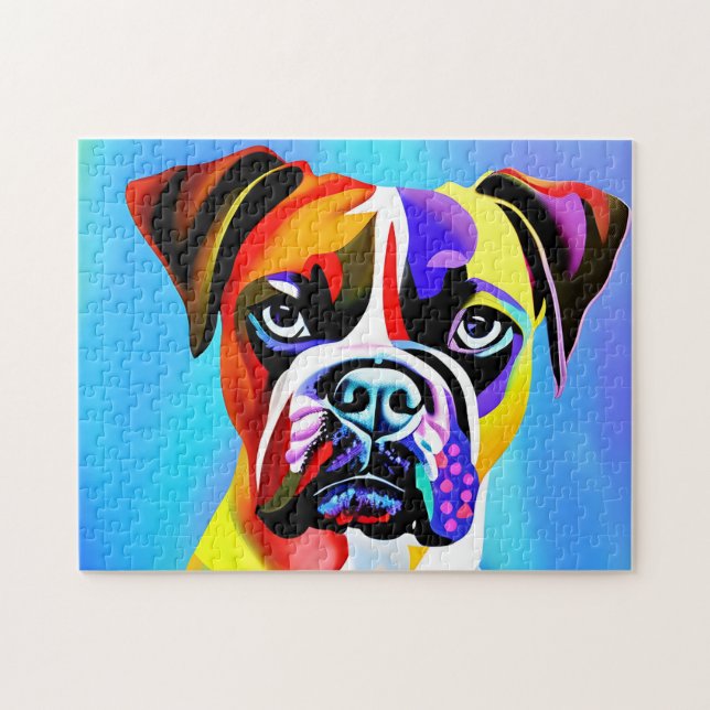 Abstrakter, bunter Boxer Hund auf blauem Hintergru Puzzle (Horizontal)