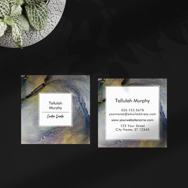 Abstrakter Denim Blue & Gold Alkohol Tinte Flüssig Quadratische Visitenkarte (Von Creator hochgeladen)