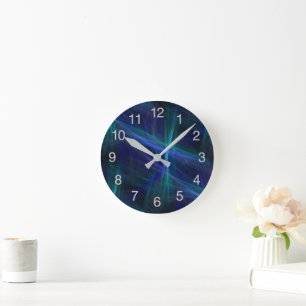 Abstrakter dunkelblauer grüner Nebel-Fraktal Runde Wanduhr