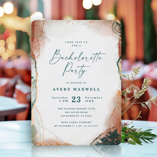 Abstrakter dunkler Aquamariner Junggeselinnen-Absc Einladung (A chic invitation featuring a dark teal background with copper accents.)