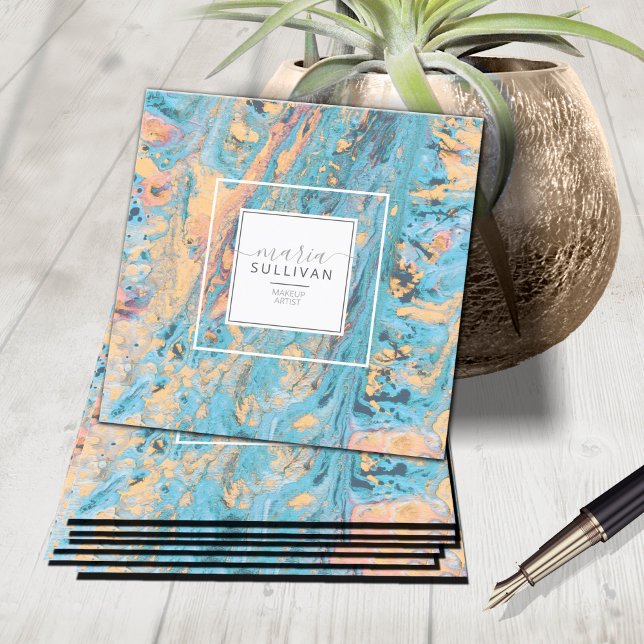 Abstrakter Farbfluss Aquamarin/gelb ID796 Quadratische Visitenkarte (Von Creator hochgeladen)