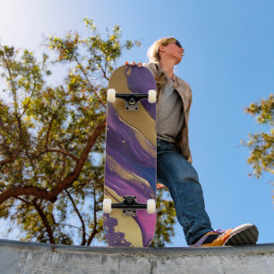 Abstrakter Flow Art Blue Lila Rosa und Gold- Skateboard