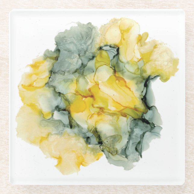 Abstrakter gelber und grüner grauer Untersetzer (Vorderseite)