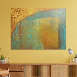 Abstrakter Gelli-Plattendruck teal blau gelb gold Leinwanddruck