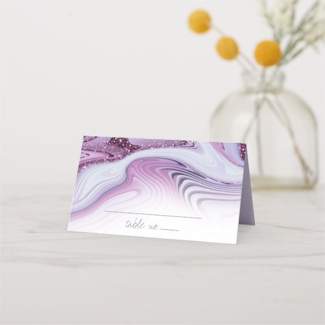 Abstrakter Glitzer Strata Wedding Wht Lilac ID903 Platzkarte (Vorderseite)
