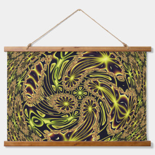 Abstrakter Glückstanz Neon-Gold-Fraktal-Kunst Wandteppich Mit Holzrahmen