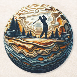 Abstrakter Golfer auf dem Golfball Circular Golfsp Runder Pappuntersetzer