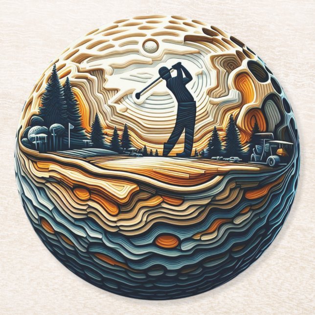 Abstrakter Golfer auf dem Golfball Circular Golfsp Runder Pappuntersetzer (Vorderseite)