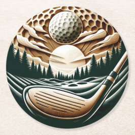 Abstrakter Golfer auf dem Golfball Circular Golfsp Runder Pappuntersetzer