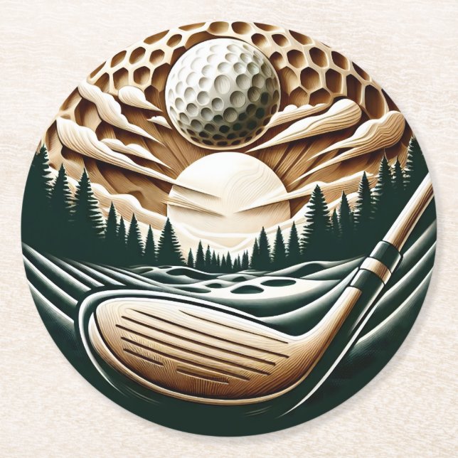 Abstrakter Golfer auf dem Golfball Circular Golfsp Runder Pappuntersetzer (Vorderseite)