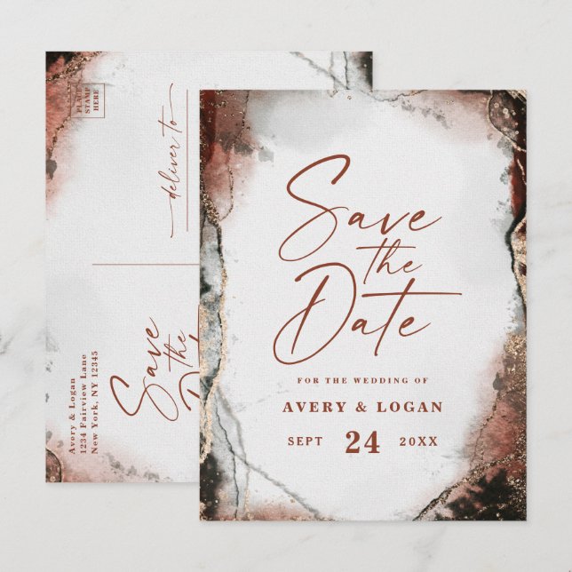 Abstrakter Herbst Orange Wedding Save the Date Ankündigungspostkarte (Vorne/Hinten)