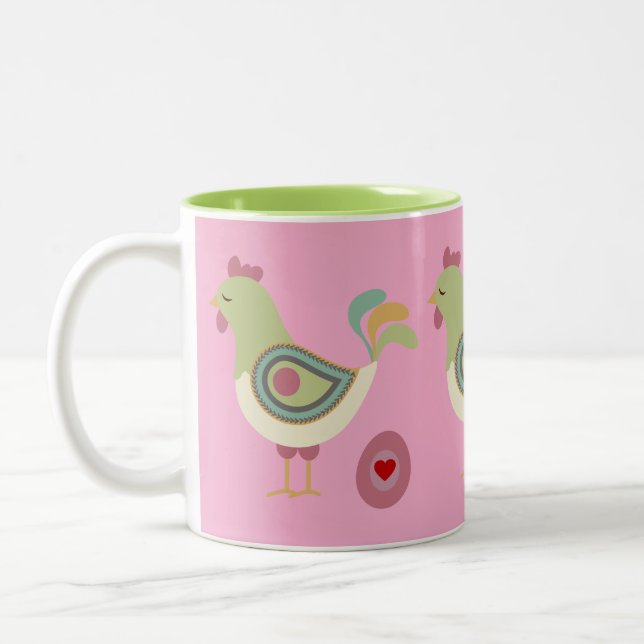 Abstrakter Huhn-und-Ei-Kaffeebecher – Rosa Zweifarbige Tasse (Links)