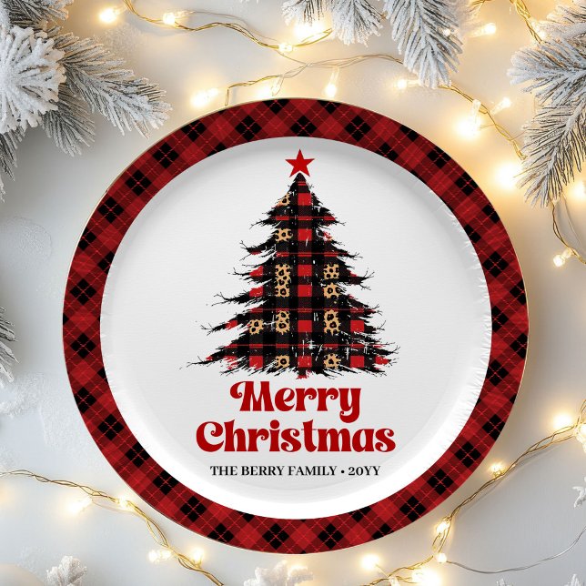 Abstrakter Karierter Baum Feiertag Benutzerdefinie Pappteller (Abstract Plaid Tree Holiday Custom Name Paper Plates)