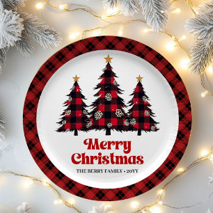 Abstrakter Karierter Weihnachtsbaum Familienname P Pappteller