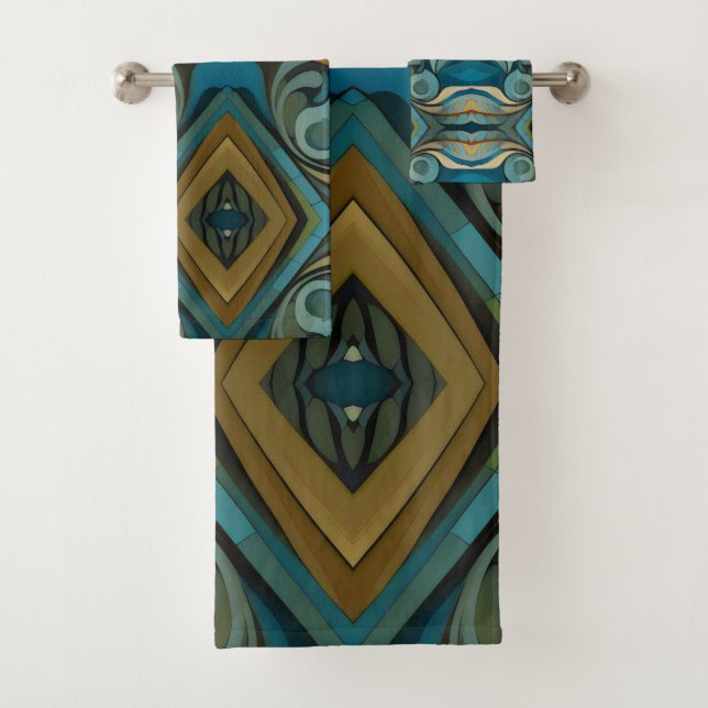 Abstrakter kubistischer Inspirierte Art Déco 9 Badhandtuch Set (Insitu)