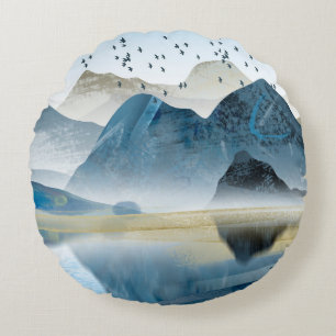 Abstrakter Kunstdekorativer Hintergrund. Berge und Rundes Kissen