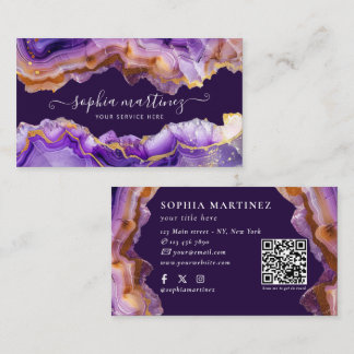 Abstrakter lila Achat-Gold-Glitter-Marmor-QR-Code Visitenkarte
