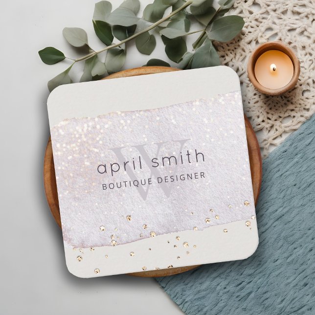 Abstrakter Lila Lilac-Pinselstrich Monogramm-Glitz Quadratische Visitenkarte (Von Creator hochgeladen)