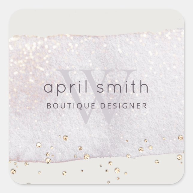 Abstrakter Lila Lilac-Pinselstrich Monogramm-Glitz Quadratischer Aufkleber (Vorderseite)