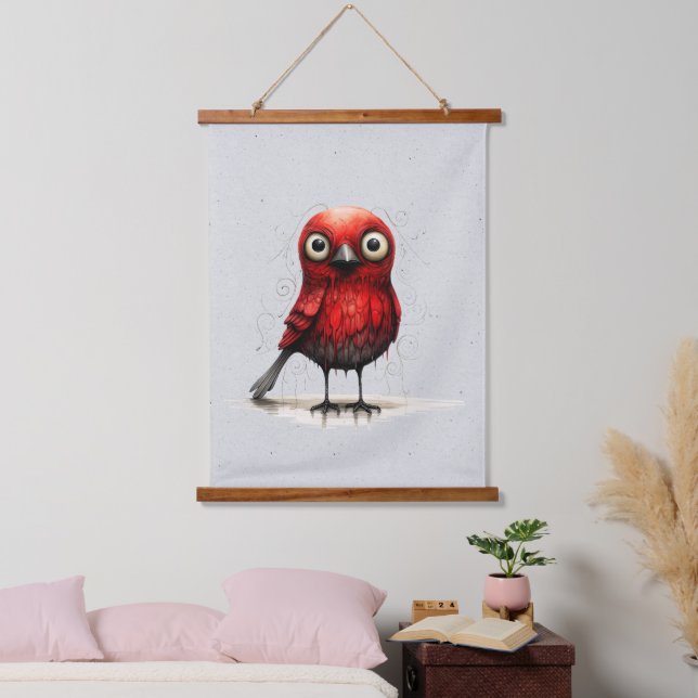 Abstrakter Mad Bird in Rot und Schwarz Wandteppich Mit Holzrahmen (Schlafzimmer)