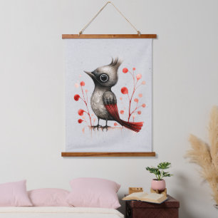 Abstrakter Mad Bird in Rot und Schwarz Wandteppich Mit Holzrahmen
