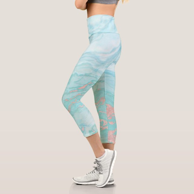 Abstrakter Marmor Türkis Blue Rose Gold Wirbel Capri Leggings (Links)