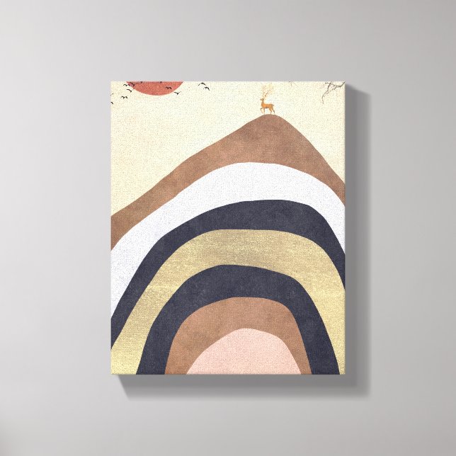 Abstrakter Minimalistischer Berg mit Hirschsonnenv Leinwanddruck (Vorderseite)