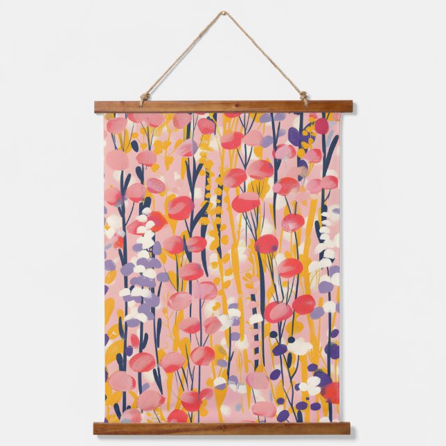 Abstrakter moderner Wildblumen-Blumengarten Wandteppich Mit Holzrahmen (Vorderseite)