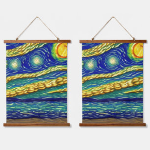 Abstrakter Moonlight Sky Beach Wandteppich Mit Holzrahmen