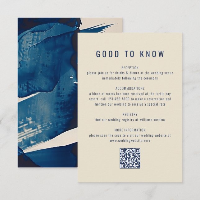 Abstrakter Navy Blue Ink Painting QR Code Hochzeit Begleitkarte (Vorne/Hinten)