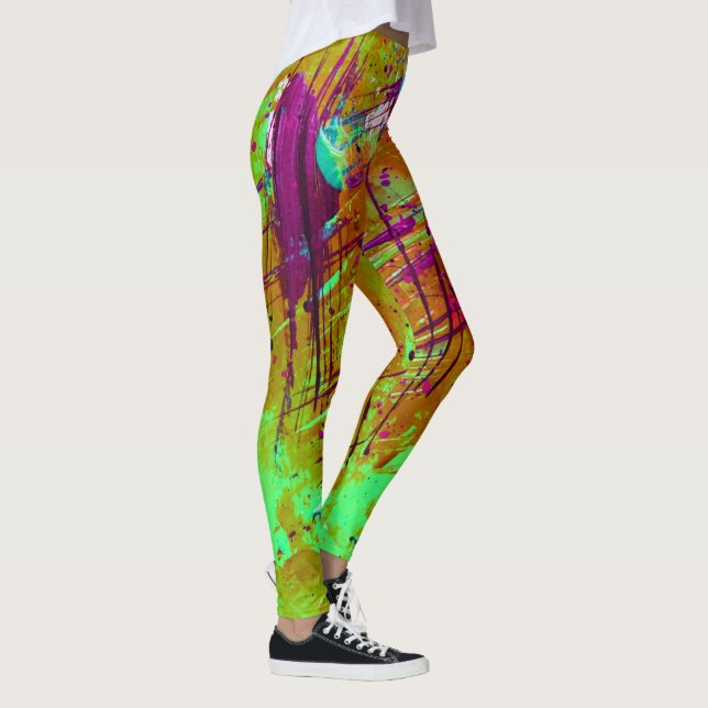Abstrakter Neon Green Spritzer Paint Leggings (Rechts)