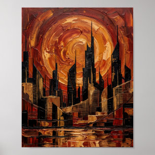 Abstrakter orangefarbener Sonnenwirbel City Palett Poster