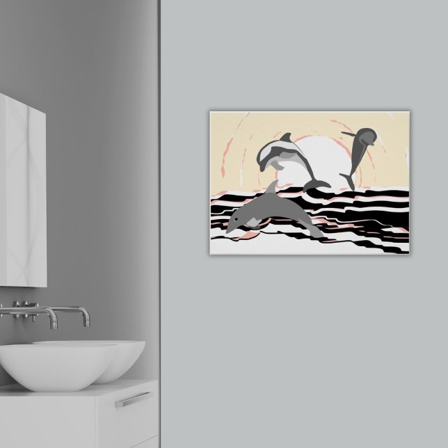 Abstrakter Ozean-Springer bei Sonnenaufgang Poster (Abstract Ocean Jumping Dolphins At Sunrise Poster, Bathroom)