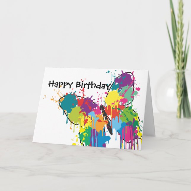 Abstrakter Paint Splash Butterfly Happy Birthday Karte (Vorderseite)