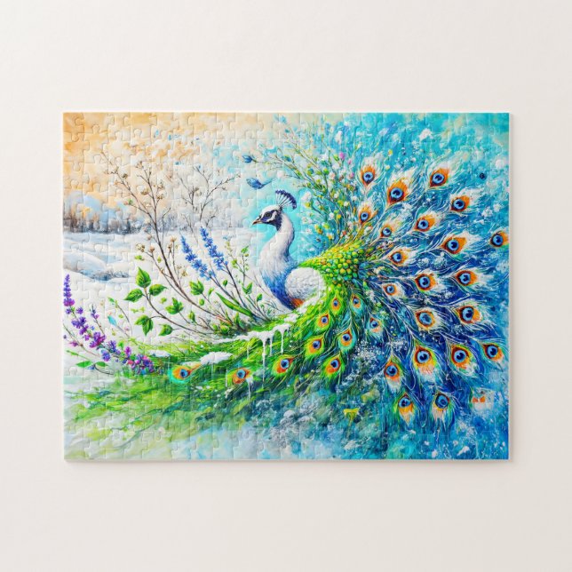 Abstrakter Pfau im Frühling mit Schnee und Blume Puzzle (Horizontal)
