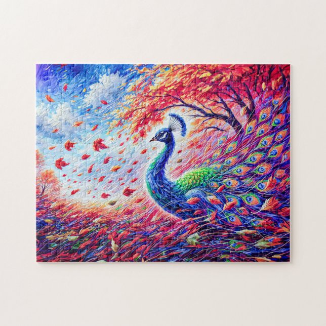 Abstrakter Pfau im Herbststurm im farbenfrohen Öl Puzzle (Horizontal)