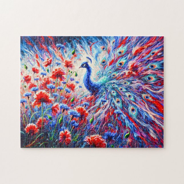 Abstrakter Pfau mit Papaya und Kornblumen Puzzle (Horizontal)