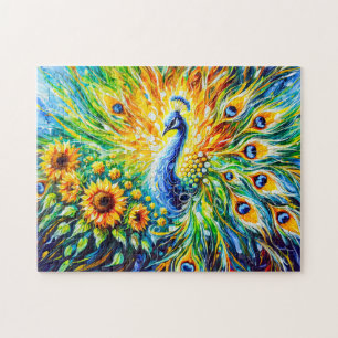 Abstrakter Pfau mit Sonnenblumen in Malerei Puzzle