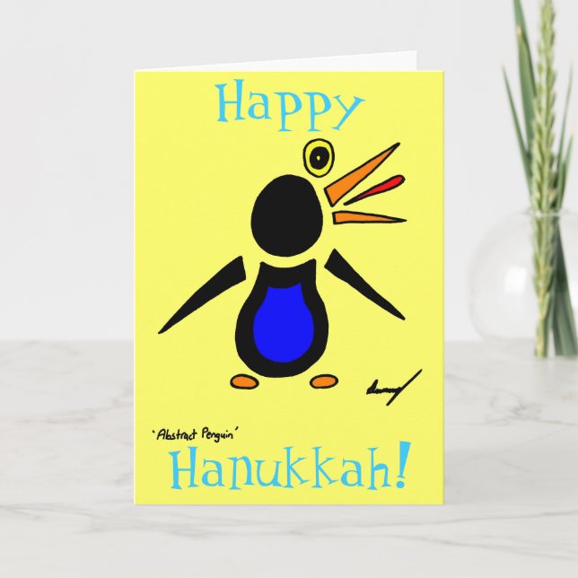 Abstrakter Pinguin 'Happy Hanukkah!' Karte - Gelb (Vorderseite)