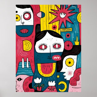 Abstrakter Pop Kunstgesichter - Moderner Doodle-Au Poster