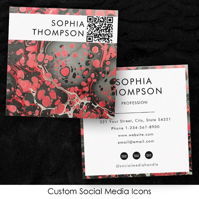 Abstrakter QR Code Social Media Quadratische Visitenkarte (Black & Red Marble Abstract QR Code Social Media Square Business Card)