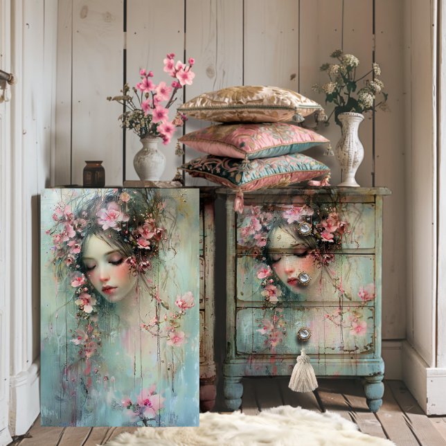 Abstrakter Realismus Frauengesicht und Kirschblüte Seidenpapier (Raindrops Abstract Realism Ethereal Portrait Feminine face & cherry blossom art for Decoupage)