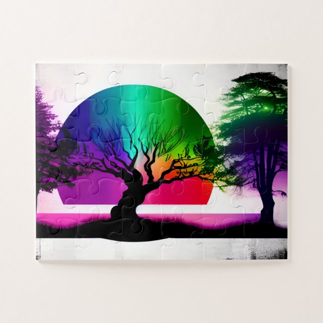 Abstrakter Regenbogen hinter den Silhouetten des S Puzzle (Horizontal)