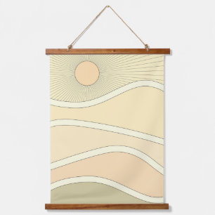 Abstrakter Retro-Berg-Sonnenuntergang Wandteppich Mit Holzrahmen