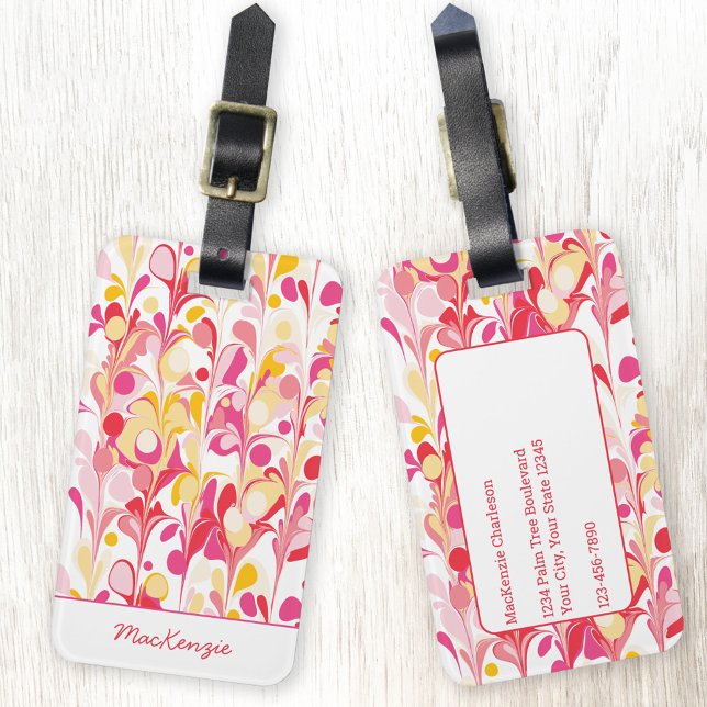 Abstrakter Retro-Marmor Rosa Personalisiert Gepäckanhänger (Pink, peach and red marble abstract retro personalized luggage tag)