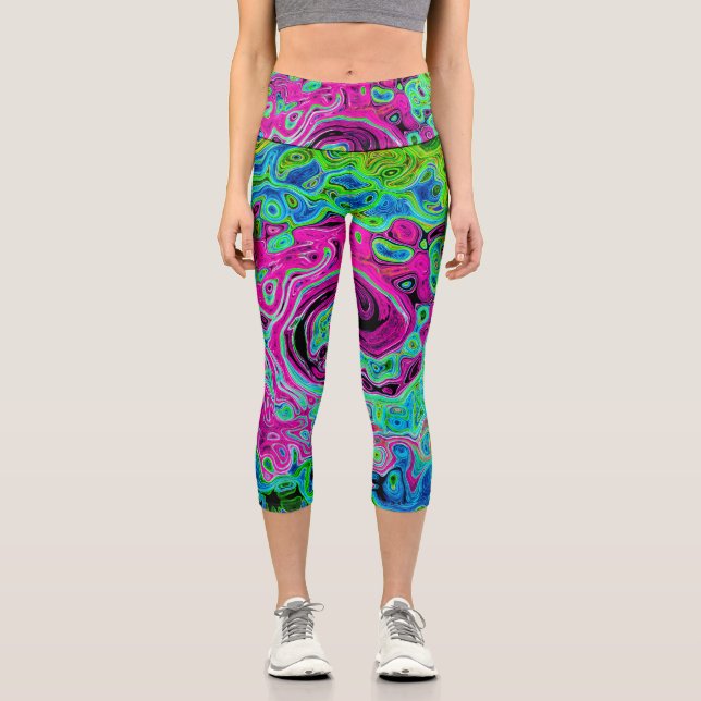 Abstrakter Retro-Swirl in Pink und Blau Groovy Capri Leggings (Vorderseite)